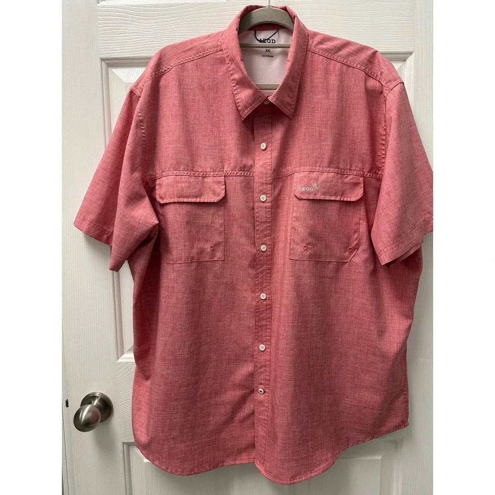 IZOD Saltwater Mens XXL Red Heather Short Sleeve Vented Fishing Shirt